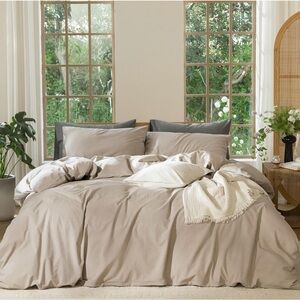 Taupe Tan Cotton Linen-Like Duvet Set-SUPER QUEEN 90x98”